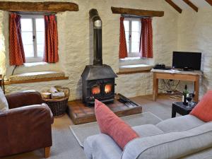a living room with a wood stove in a room at Rhydlanfair Cottage in Capel Garmon