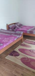 Cama en la parte superior de un suelo de madera con alfombra en Homoljski pogled Banja Zdrelo, en Ždrelo