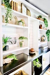 a room with white shelves filled with plants at Modern Boho Retreat in Corvallis