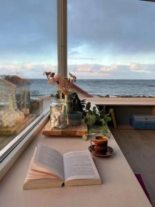 a book on a window sill with a view of the ocean at Fabrikken in Bleik