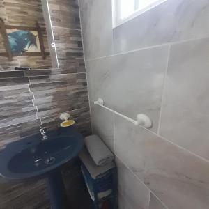 La salle de bains est pourvue d'un lavabo bleu et d'un miroir. dans l'établissement EL DESPERTAR, à Nueva Palmira