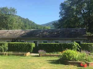 an old stone house with a hedge in the yard at Gites Libellule at Auberge de l'Arac, Bar, Restaurant in Aleu