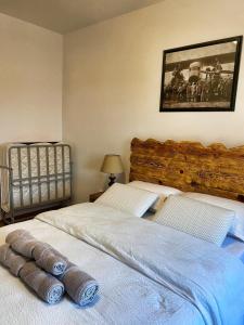 2 camas individuais num quarto com uma fotografia na parede em APARTMENTS VRANAS Bjelašnica em Bjelašnica