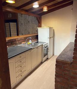 a kitchen with a sink and a refrigerator at Ubytovanie KAMENICA 