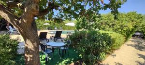 un tavolo e sedie sotto un albero accanto a una piscina di Casale Imperatore a Marina di Ragusa