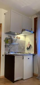 una cocina con armarios blancos y fregadero en Piccolo Rifugio di Foppolo, en Foppolo