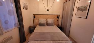 a small bedroom with a bed with two pillows at Maisonette de pays classée 3 étoiles in La Cotinière