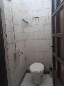 y baño pequeño con aseo y ducha. en DEPARTAMENTO Alicia 2 en Santiago del Estero