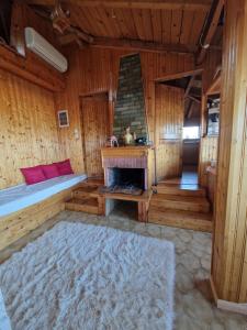a room with a fireplace in a wooden cabin at Panorama Rooms in Amfikleia