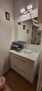 un baño con lavabo y espejo en Maisonette de pays classée 3 étoiles, en La Cotinière