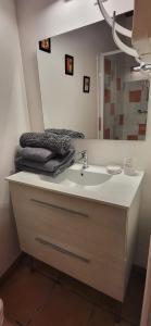 un baño con lavabo y espejo en Maisonette de pays classée 3 étoiles, en La Cotinière