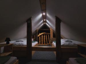 a room with two bunk beds in a attic at Chalupa M&P 2 in Ružomberok