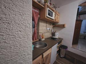 a small kitchen with a sink and a microwave at Chalupa M&P 2 in Ružomberok