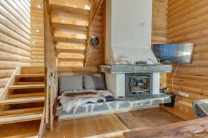 salon z kominkiem w drewnianej kabinie w obiekcie Alppirinne - Tunnelmallinen loma-asunto Suomulla w mieście Suomutunturi