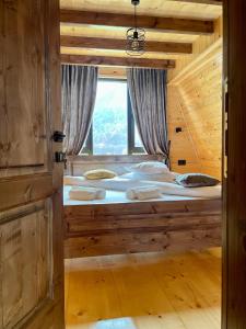 a bedroom with two beds and a window at Hidden Cabin in Brezoi