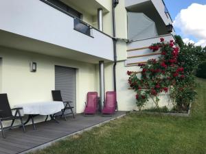 um pátio com uma mesa e cadeiras e um arbusto com flores vermelhas em Ferienwohnung Reinstadler Ilse em Jerzens