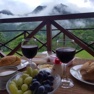una mesa con dos copas de vino tinto y uvas en Pousada Vereda Tropical en Parati