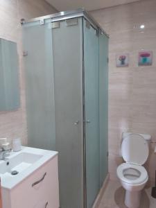 uma casa de banho com um chuveiro, um WC e um lavatório. em Appartement de luxe Prestigia Opale 