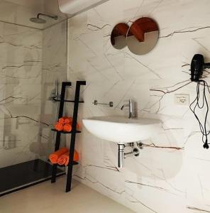 La salle de bains est pourvue d'un lavabo et d'une douche. dans l'établissement Una Rosa sul Mincio, à Valeggio sul Mincio