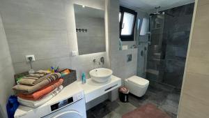 a bathroom with a sink and a toilet and a shower at Thalassa Apartment in Nea Peramos