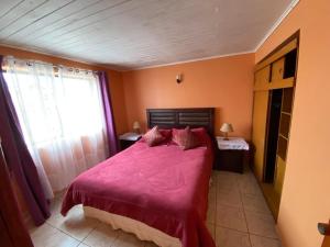 ein Schlafzimmer mit einem großen Bett mit einer rosa Decke in der Unterkunft Arriendo de Casa en Pichilemu in Pichilemu