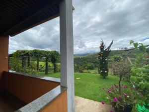 uitzicht op een tuin vanuit een raam van een huis bij Pousada Guardiã da Canastra in Vargem Bonita