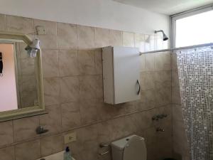 La salle de bains est pourvue de toilettes, d'un miroir et d'une douche. dans l'établissement Playa 497, à Pinamar