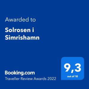 Ett certifikat, pris eller annat dokument som visas upp på Solrosen i Simrishamn - Österlen