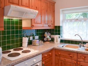 a green tiled kitchen with a stove and a sink at Copper Tree Cottage in Stokeinteignhead