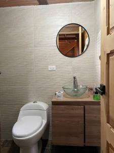 ein Badezimmer mit einem WC, einem Waschbecken und einem Spiegel in der Unterkunft Beehouse Arví Cabaña in Guarne