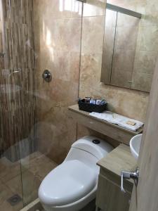 W łazience znajduje się prysznic, toaleta i umywalka. w obiekcie Hotel Fénix Real Bogotá w mieście Bogota