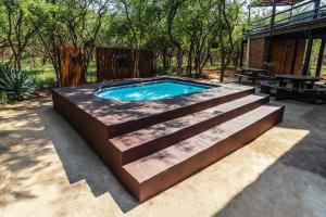 a swimming pool with steps and a patio at 515 on Warthog by the River in Marloth Park