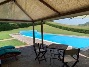 a table and chairs under an umbrella next to a pool at Casa villetta "La Colomba" Nizza Monferrato in Nizza Monferrato