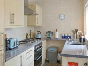 uma cozinha com um lavatório e um fogão forno superior em Dolphin Cottage em Newbiggin-by-the-Sea