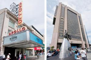 duas fotos de um edifício com uma estátua em frente em 136TH UNIT 1 em Nova York