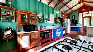 a kitchen with green walls and a stove top oven at Lower Dover Jungle Lodge & Maya Ruins in Unitedville