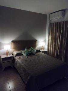 1 dormitorio con 1 cama grande y 2 lámparas en Jardin del Centro en Villa Elisa