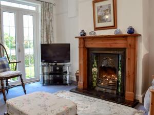 a living room with a fireplace and a tv at Greenbank Cottage in Hilgay