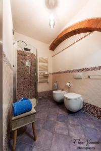 ein Bad mit einer Badewanne, einem WC und einer Dusche in der Unterkunft Camera il Nido in Colleoli