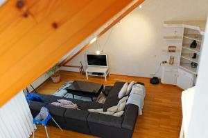 uma sala de estar com um sofá e uma televisão em Große, helle Wohnung für bis zu 6 Personen em Weinheim