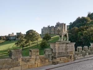 a lion statue in front of a castle at The Nook in Alnwick