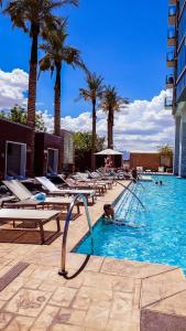 a dog in a swimming pool with palm trees at Luxury 53rd Flr Condo with Amazing Sunset View & Balcony NO ReFee at Palms Place in Las Vegas