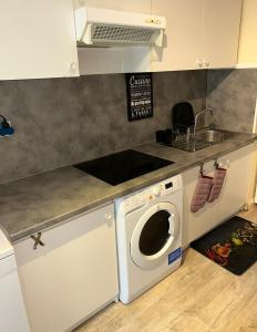uma cozinha com uma máquina de lavar roupa e um lavatório em Chez mimi em Toulouse