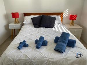 a bed with three blue pillows on it at Harbord House - Ocean views, plunge pool, 2 bed, free-wi-fi, superb location in Freshwater