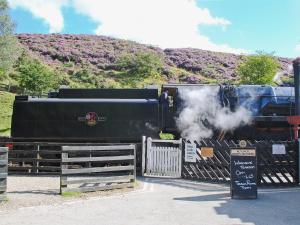Un train noir avec de la fumée qui en sort dans l'établissement The Mill, à Goathland