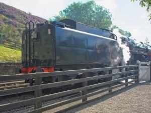Un train noir traverse la voie dans l'établissement The Mill, à Goathland