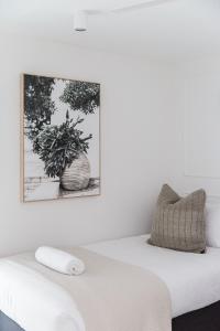 a white bed with a plant on the wall at One Marola is stylish privacy in paradise in Noosa Heads +23 photos