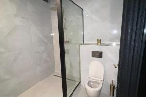 a bathroom with a toilet and a glass shower at Empire Apartments Su 1 Celinastraat in Paramaribo