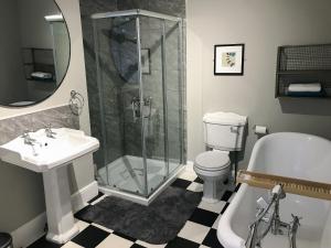 uma casa de banho com um chuveiro, um WC e um lavatório. em Topmast em Whitby