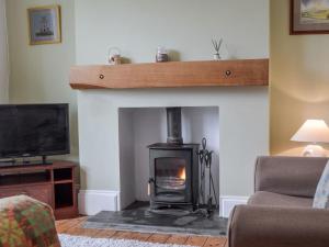a living room with a fireplace with a stove at Middleton Cottage in Llanddarog